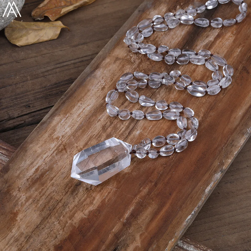 

Fashion Women Natural White Quartz Double Point Pendant 108 Prayer Crystal Beads Handmade Knot Yoga Necklace Jewelry N0299AMCE