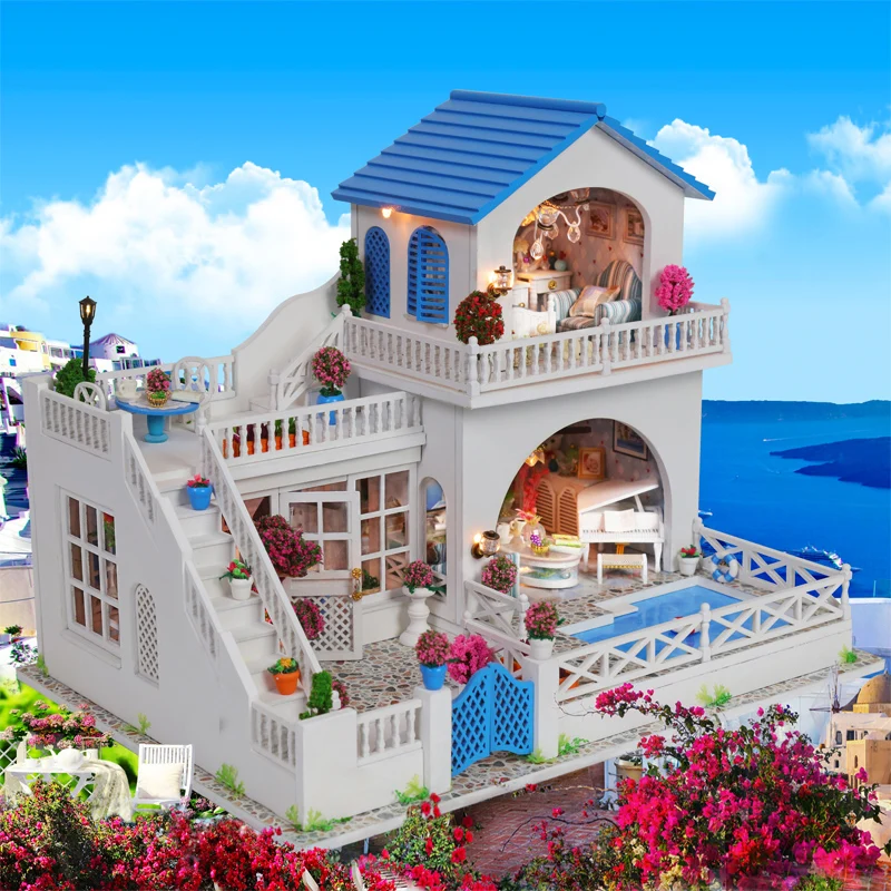 

Деревянные кукольные домики «сделай сам», синяя романтическая вилла для путешествий, сборная миниатюра с мебелью, кукольный домик, игрушки ...