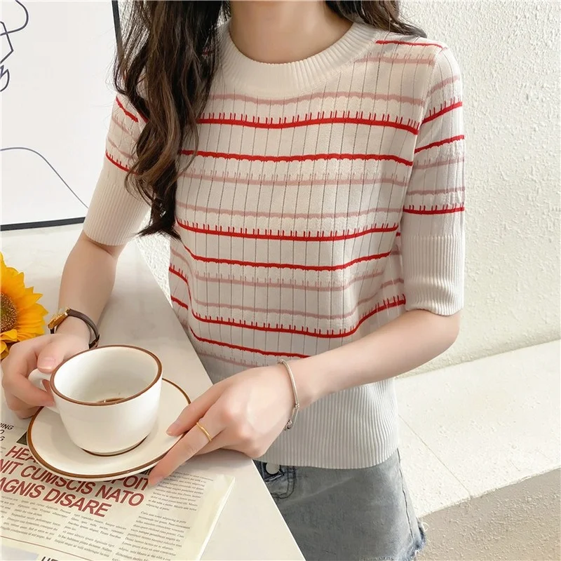 

2021 Summer Slim Short Striped Knitted Top Half Sleeve Women Causal O-neck Knitted Pullover Fashion Sweater T-shirt