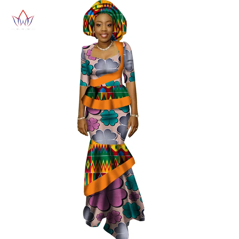 2021 New African Long Print Skirt Maxi Dress Suit Half Sleeve Crops Tops Splice Dress Bazin African Clothing for Women WY1417