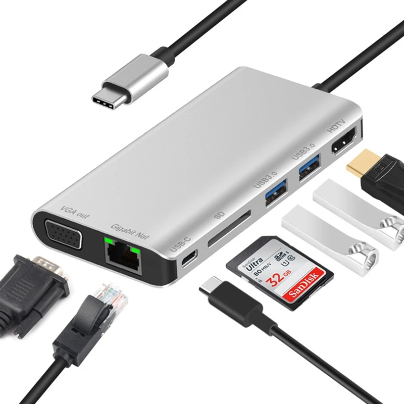 Тип c к Hdmi Vga конвертер Usbc Rj45 Lan 4K 2Usb 3 0 Sd слот для карт 8 в 1 C док адаптер концентратор