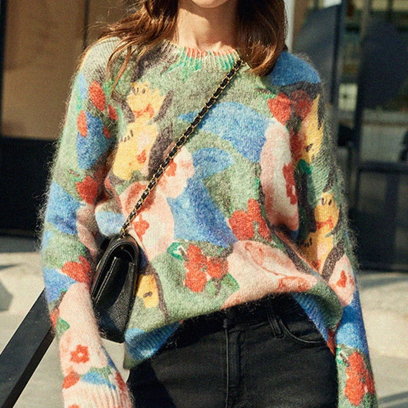 

Джемпер Delphe с принтом, свитер, уличная одежда, шикарный Повседневный винтажный вязаный свитер с длинным рукавом и круглым вырезом для женщи...