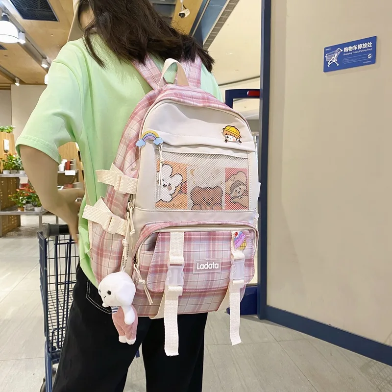 

Korean Japanese Large Capacity Canvas Backpack Fashionable Schoolgirl Campus Plaid Style Schoolbag Lovely Hand Travel Bag Cool