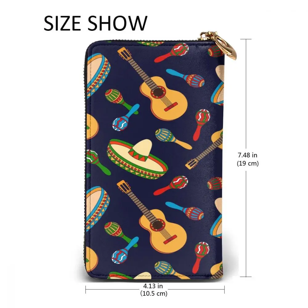 

Long Clutch Wallet Mexican Man Ponchos Sombrero Guitar Large Capacity Leather Purse Zipper Pocket Card Holder for Woman Man