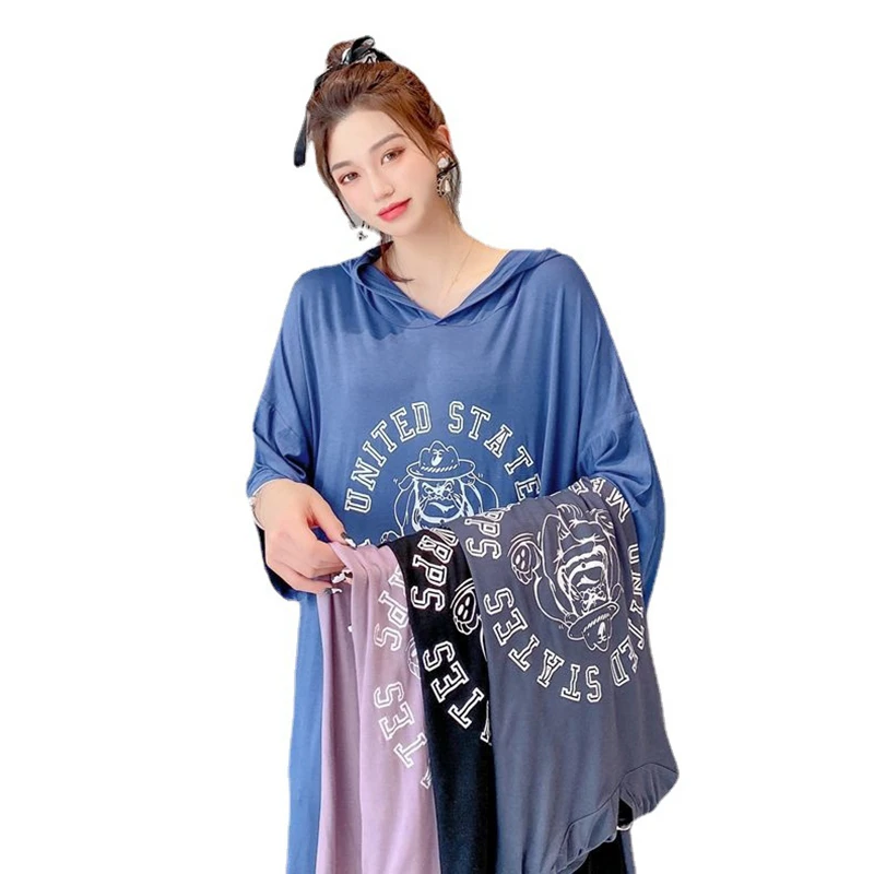 

2021 summer new style plus size women's thin 200 kg fat mm thin letters casual hooded dress for outer wear
