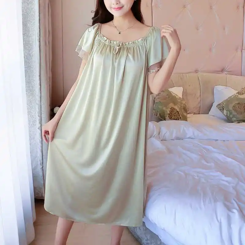 

Womens Summer Lace Ice Silk Long Nightdress Short Sleeve Loose Plus Size Nightgown XL Solid Color Sleepshirt Home Clothes N9_D