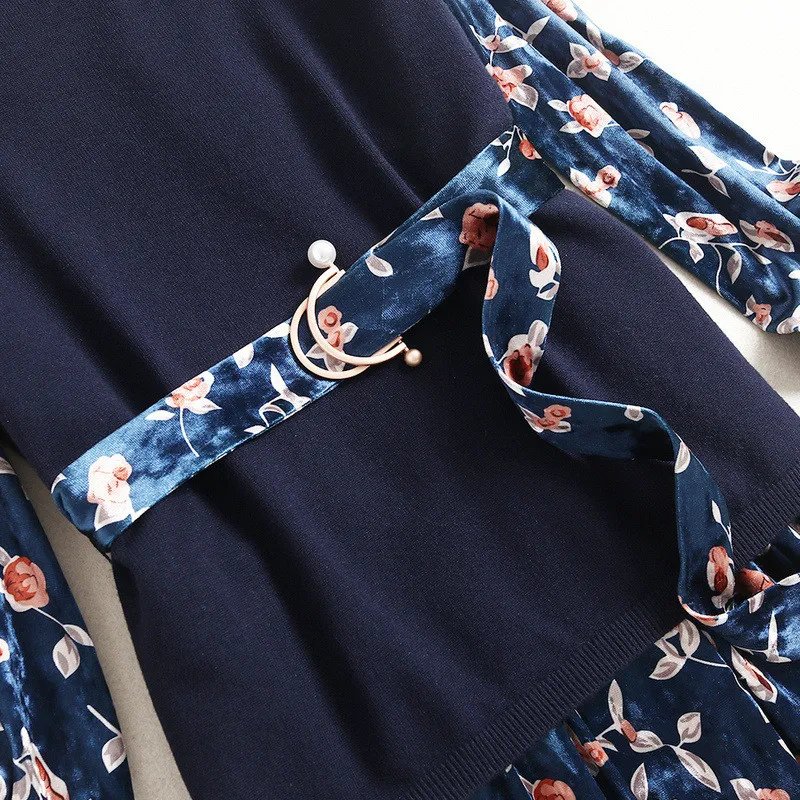 

Fashion New Women Long Sleeve Print Velvet Patchwork Knitted Top and Dress Two Piece Suits Autumn Winter Vestidos 2020