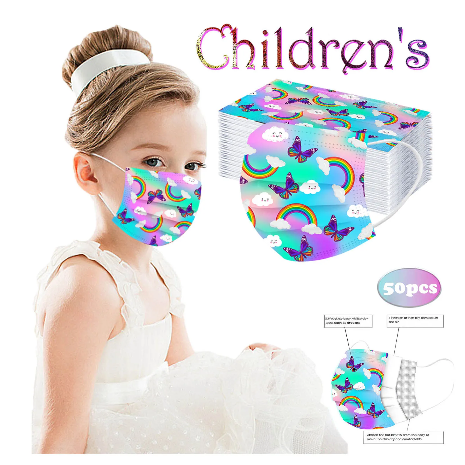 

Бабочка Радуга детская маска защитные одноразовые маски дышащая маска для рта косплей маски для Хэллоуина тушь 50 шт.
