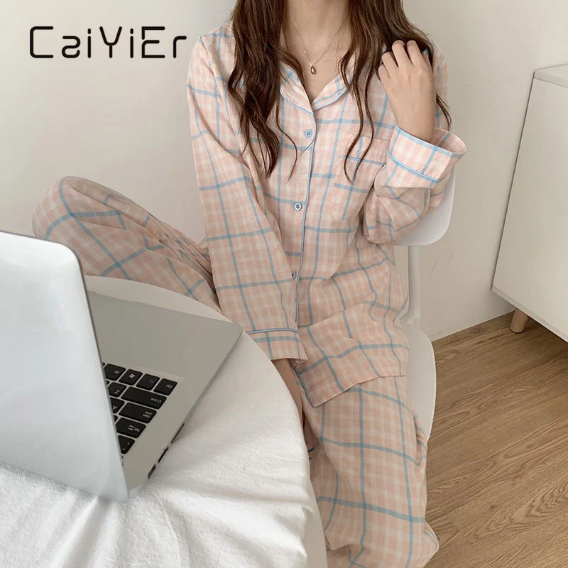 

CAIYIER Cute Grid Girls Pajamas Set Korean Autumn Winter New Long Sleeve Leisure Sleepwear Women Loose Nightwear Homewear Suit