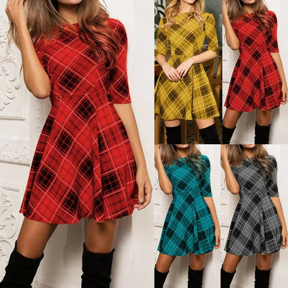 

Женское клетчатое мини-платье с длинным рукавом, женские платья для рождевечерние, платье-трапеция, женское рождественское платье