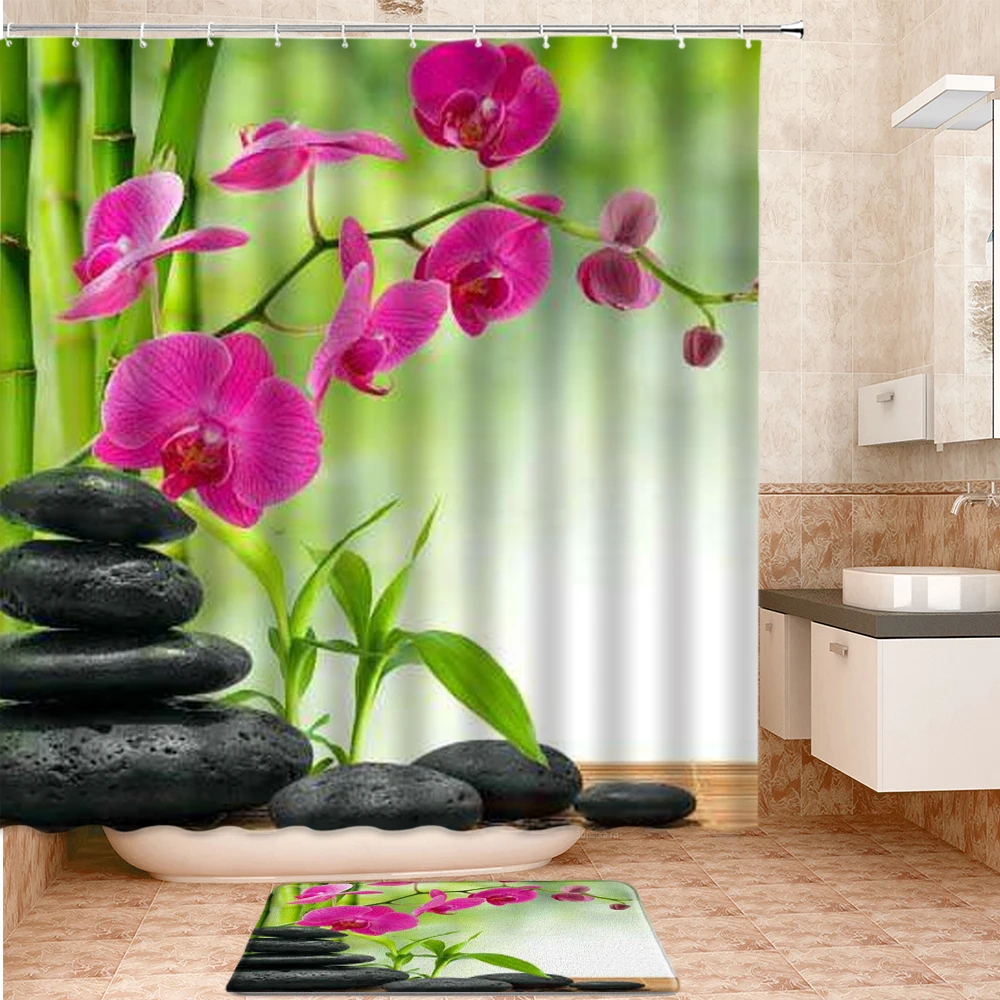 

Green Bamboo Plants Leaf Shower Curtains Set Bath Mats Rugs Carpet Zen Stone Flower Landscape For Home Bathroom Decor Curtain