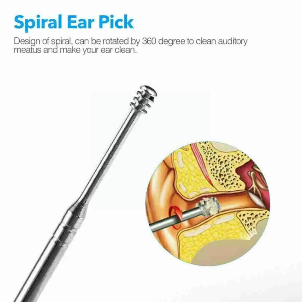 Набор для чистки ушей из стали, набор из 6 стальных приборов для удаления воска, ухочистка, ложка для удаления, черные тампоны