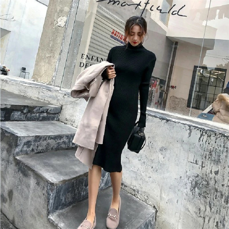 BGTEEVER Водолазка Осень-зима платье теплое трикотажное стрейч женское платье-свитер узкое миди платье Femme Джемперы платье