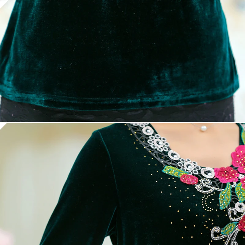 Женская бархатная футболка с вышивкой и круглым вырезом длинным рукавом | одежда