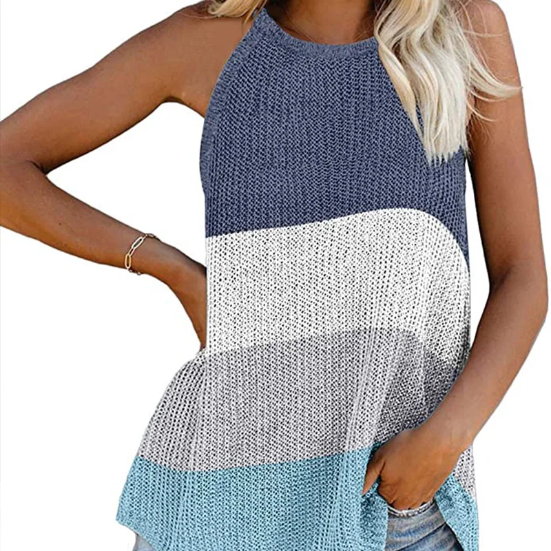 

Women's Striped Knit Sweater Loose Halter Knit Vest Sleeveless Polyester Top Crew Neck Pullover Hot Sale in Summer of 2021