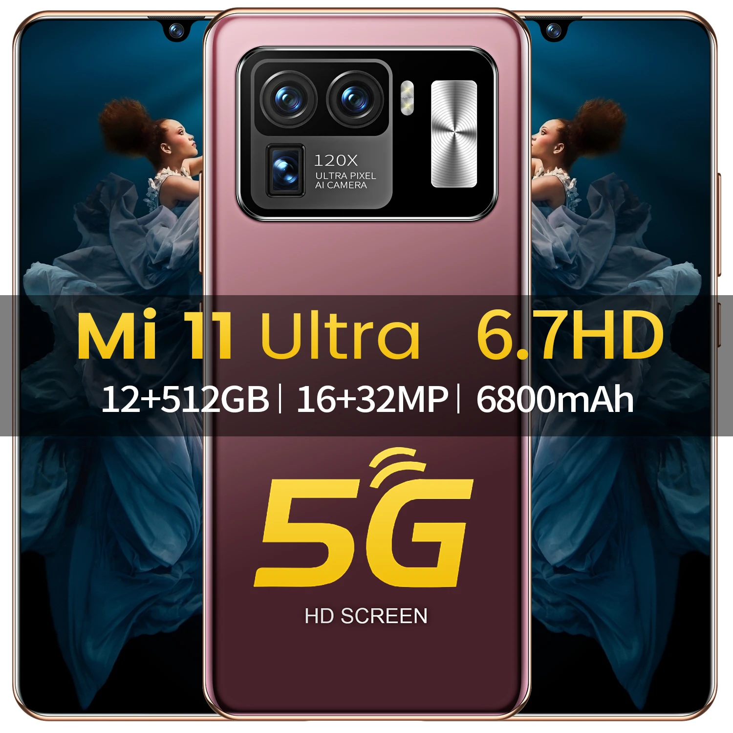 

Global Version Mi11ultra-6.7inch HD Drop Screen Smart Phone 12+512GB Android10 Cellphone 16+32MP 6800mAh Face Unlock Mobilephone