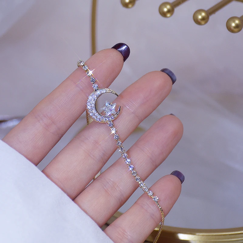 

New trendy charm 14k Real Gold Jewelry Temperament Stars Moon Charming Bracelet for Women High Quality AAA Zircon Party Ins Hot