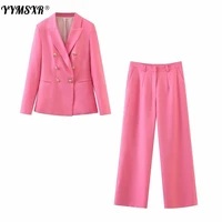 autumn womens jacket pants two piece office clothes 2020 new casual double breasted ladies jacket fashion wide leg trousers