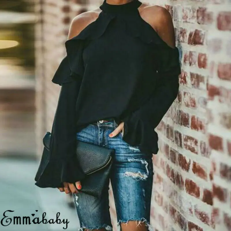 Женские сексуальные рубашки с открытыми плечами и рюшами Женская Повседневная