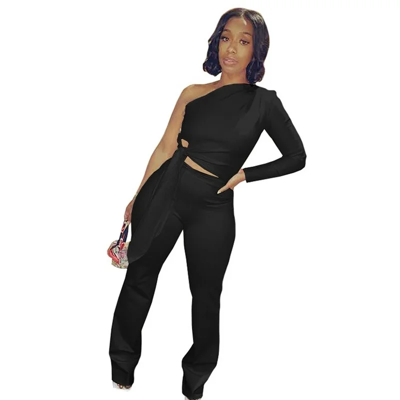 

Donsignet Summer Long Sleeve One Shoulder Slash Neck Conjunto Feminino Office Lady Fashion Women Crop Top Sexy Two Piece Outfits