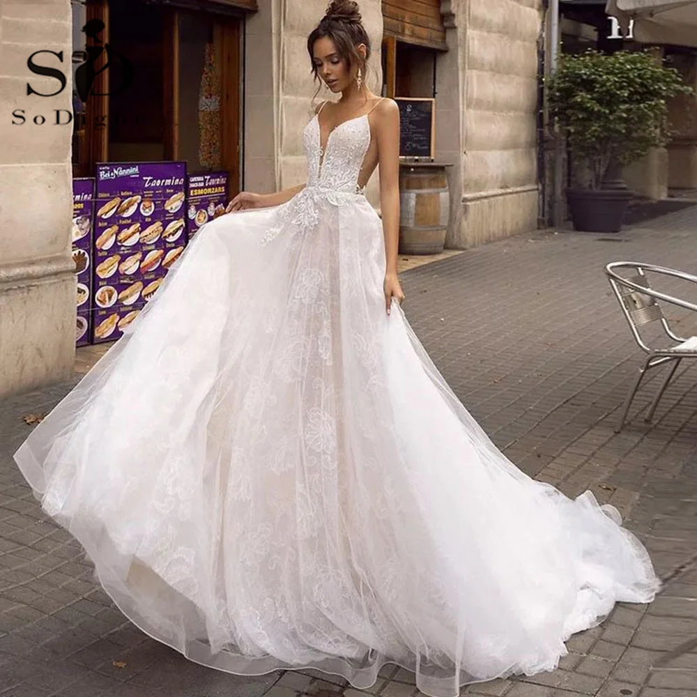 

SoDigne Lace A Line Wedding Dress 2022 Vestidos de novia Spaghetti Strap Sexy Bridal Gown Elegant Backless Long Wedding Gowns