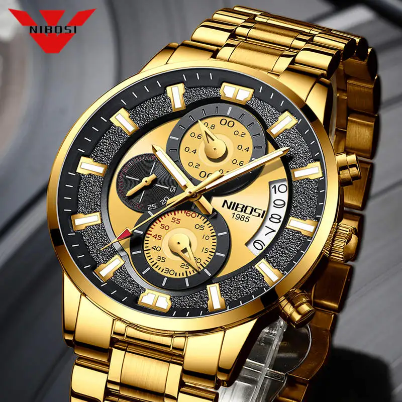 Mens Watches Top Brand Luxury NIBOSI Gold Sport Waterproof Quartz Watches Mens Chronograph Date Male Clock Relogios Masculino