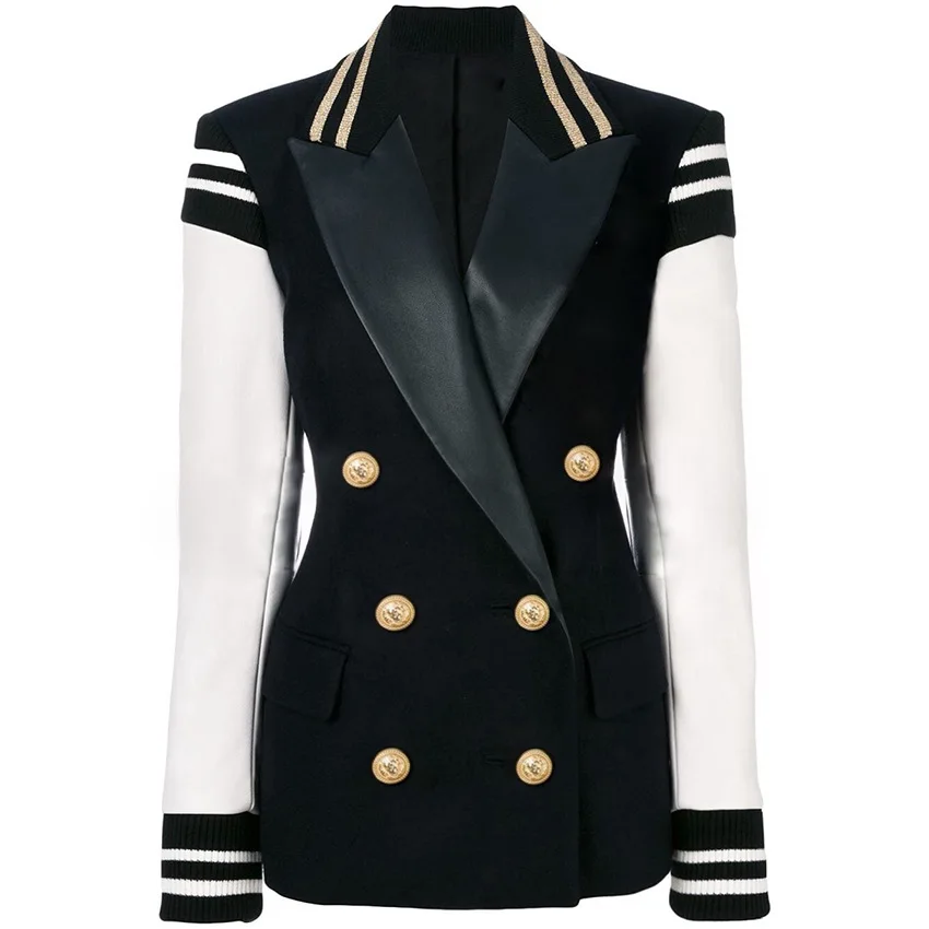 Autumn Women Blazer Fashion Casual Leather Sleeve Patchwork Double Breasted Stripes Suit Jacket Slim Coat High Street