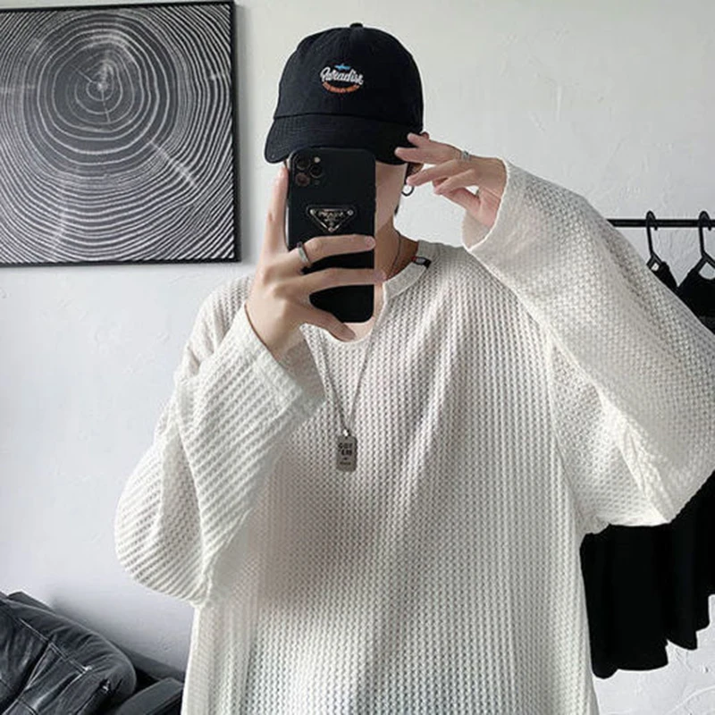 

Sun Protection Breathable See Through Sexy Oversized Men T Shirt Long Sleeve V Neck 2022 Trend Korean Style Harajuku Waffle Cool