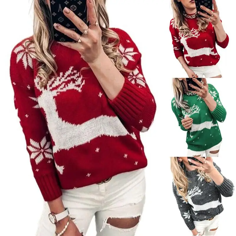 

2022 Women's Christmas Round Neck Sweaters Long Sleeve Elk Snowflake Pattern Loose Knit Pullover Tops