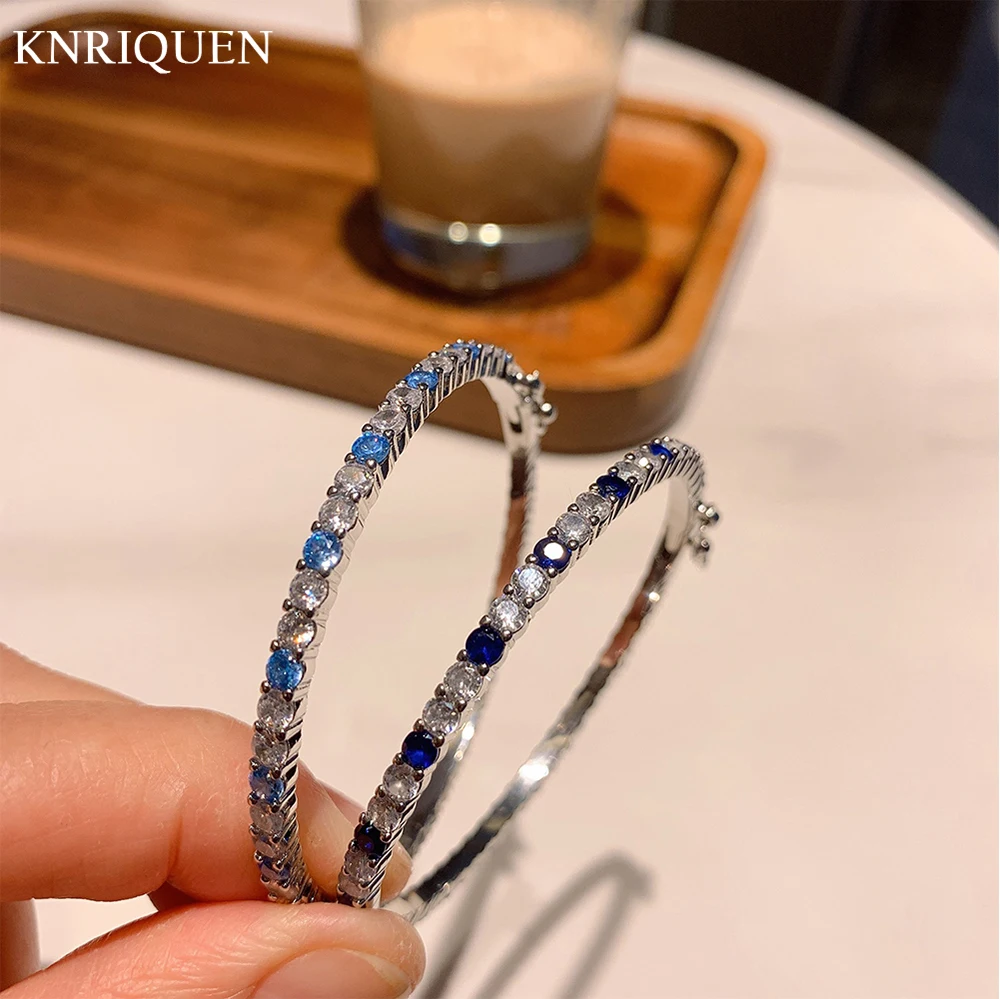 

2021 Trend Silver 925 Wedding Bangles for Women Luxury Aquamarine Sapphire High Carbon Diamond Bracelets Fine Jewelry 16-17cm