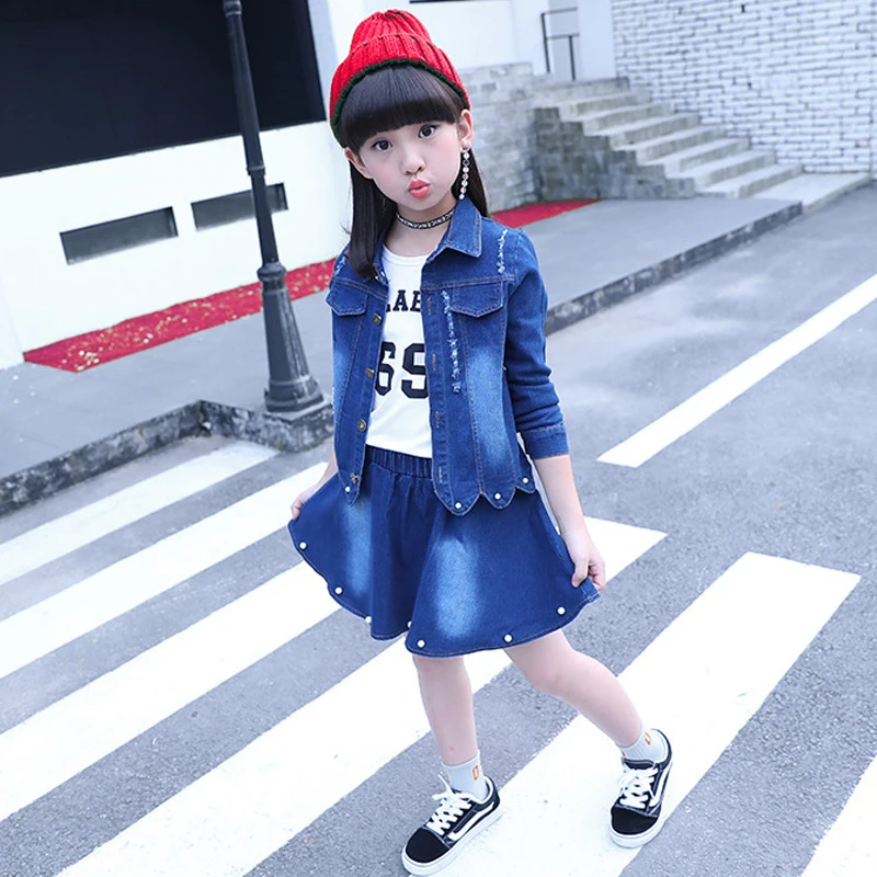 Одежда для девочек джинсовая модная спортивная куртка из трех предметов +