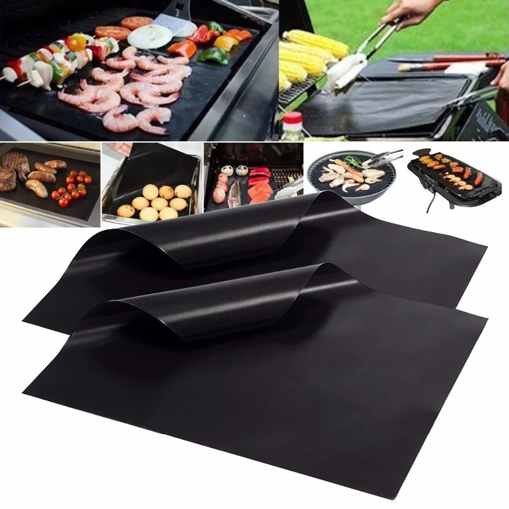 

40x33/50cm 2pcs/Set Reusable Non-Stick BBQ Grill Mat 0.2mm Thick PTFE Barbecue Baking Liners Cook Pad Microwave Oven Tool