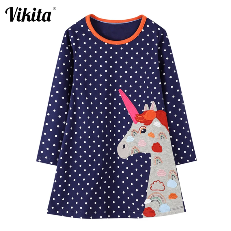 

Платье с аппликацией в виде единорога VIKITA Одежда для девочек детское платье принцессы с длинными рукавами осенние хлопковые повседневные п...