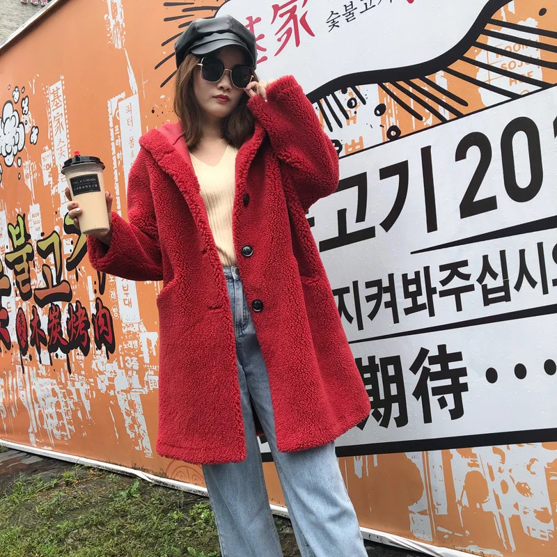 

Winter One Fur Coat Women Mid-length Solid Color Hooded Jacket Thick Warm Ladies Fur Overcoat M48