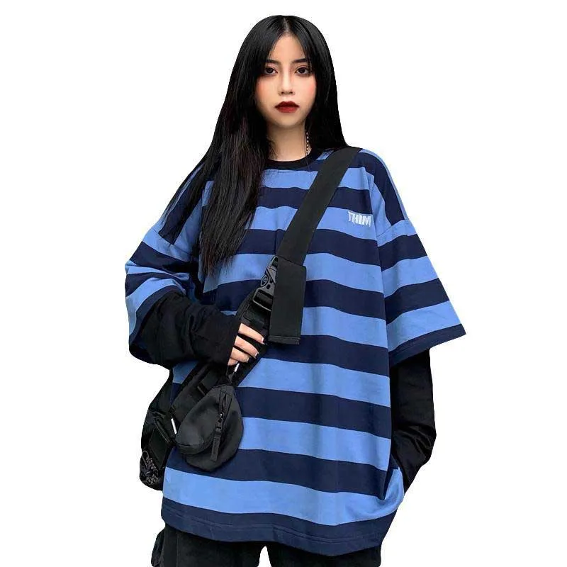 Топы женские Harajuku bf wind street horror comics цвет поддельные две женские парные модели черный серый джемпер футболка в полоску tshir