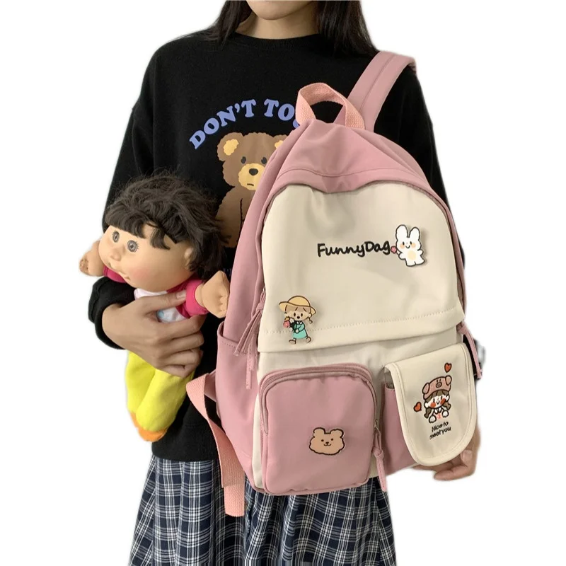 

Girl Student Kawaii Backpack Buckle Fashion Book School Bag Flower Women Nylon Waterproof Backpacks Cute Doll Female Bags Ladies