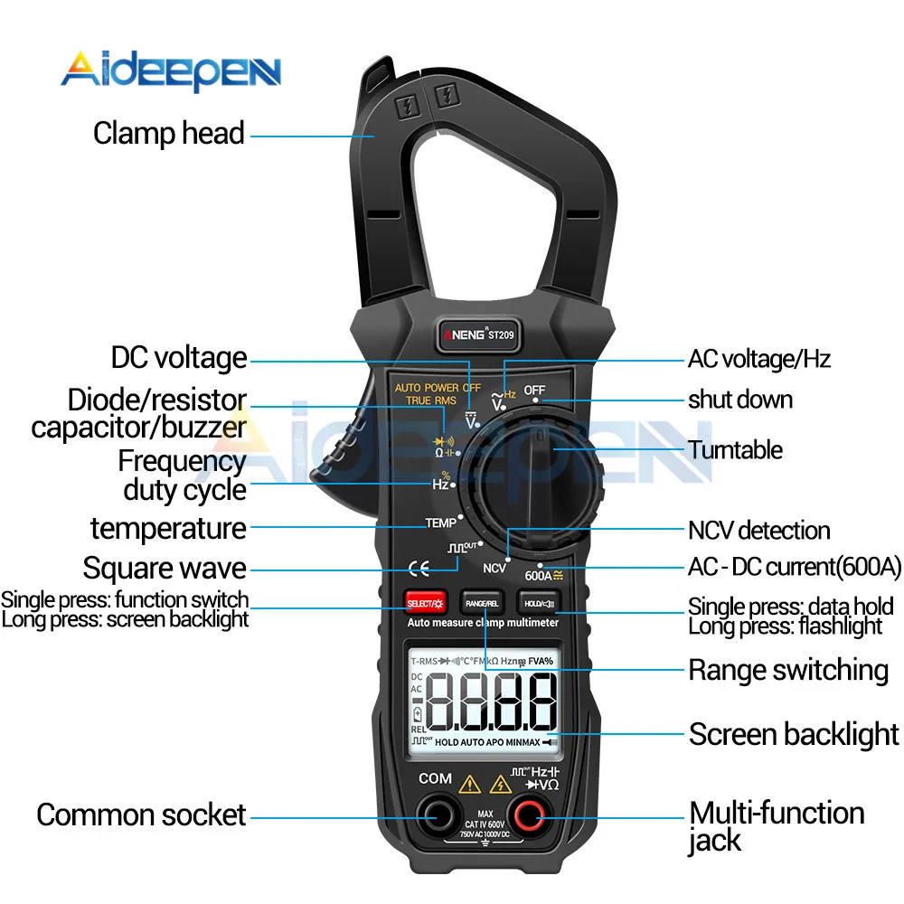 Цифровой мультиметр-зажим ST209 6000 отсчетов True RMS ампер постоянного/переменного