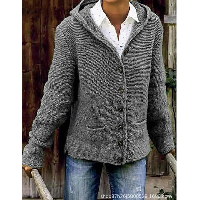 

Женский вязаный свитер с капюшоном Lugentolo, винтажный однобортный Кардиган с двойным карманом, большие размеры