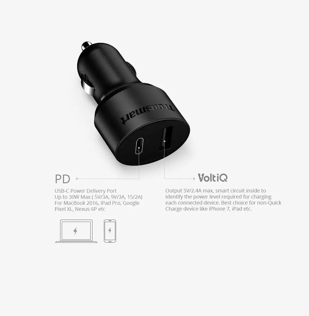 Tronsmart C2P изготовления 42вт USB-C 2-Порты и разъёмы автомобиля Зарядное устройство с Мощность доставки для Google Pixel/Pixel XL/MacBoo/iPad Pro