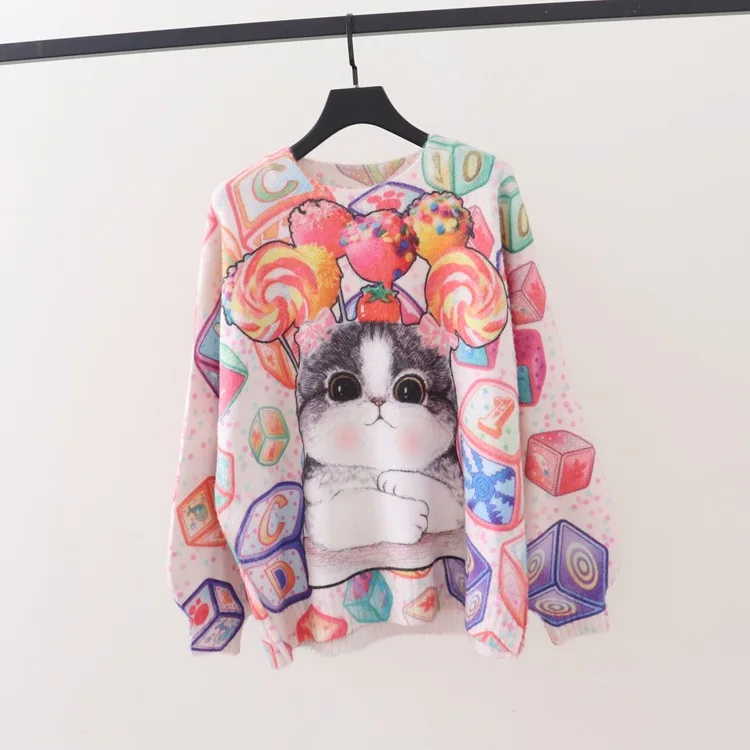 

New Loose Size Cat Print Knitted Long Sleeve Sweater In Early Autumn