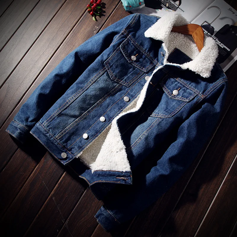 

2022 Light Blue Winter Jean Jackets Outerwear Warm Denim Coats New Men Large Size Wool Liner Thicker Winter Denim Jackets 6XL