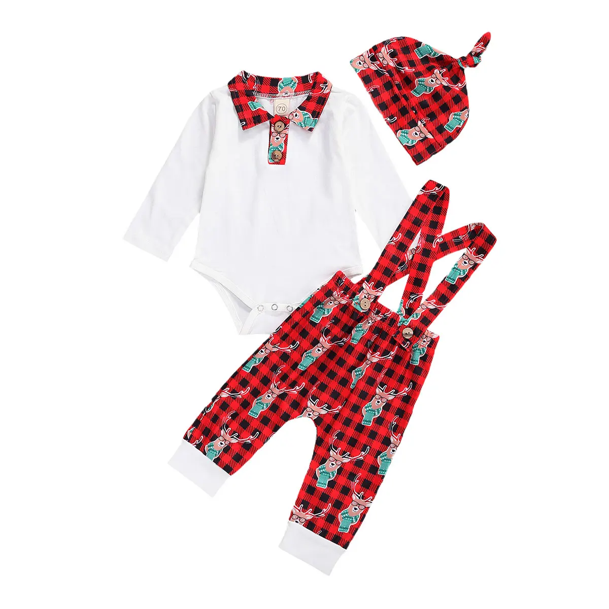 

Three Piece Baby Newborn Sets Casual Lapel Long Sleeve Romper Printed Suspender Pants +Hat Infant Toddler Girls Boys Sets 0-24M