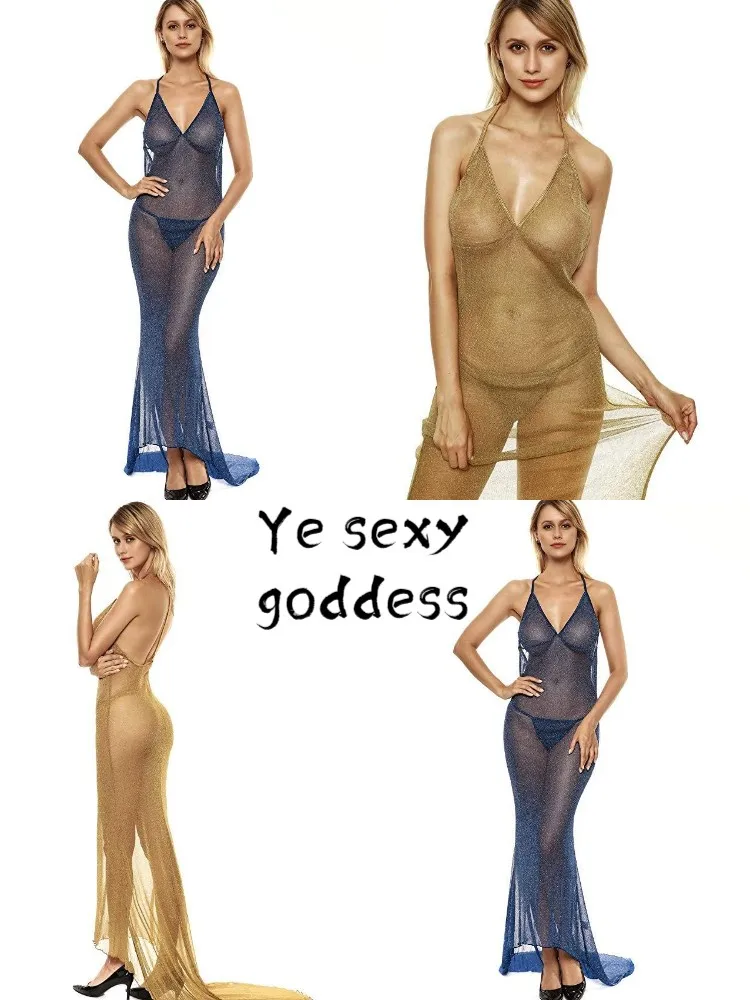 

Сексуальные женские ночные рубашки с открытой спиной, блестящая ночная рубашка с V-образным вырезом, прозрачная Пижама, женское нижнее бель...