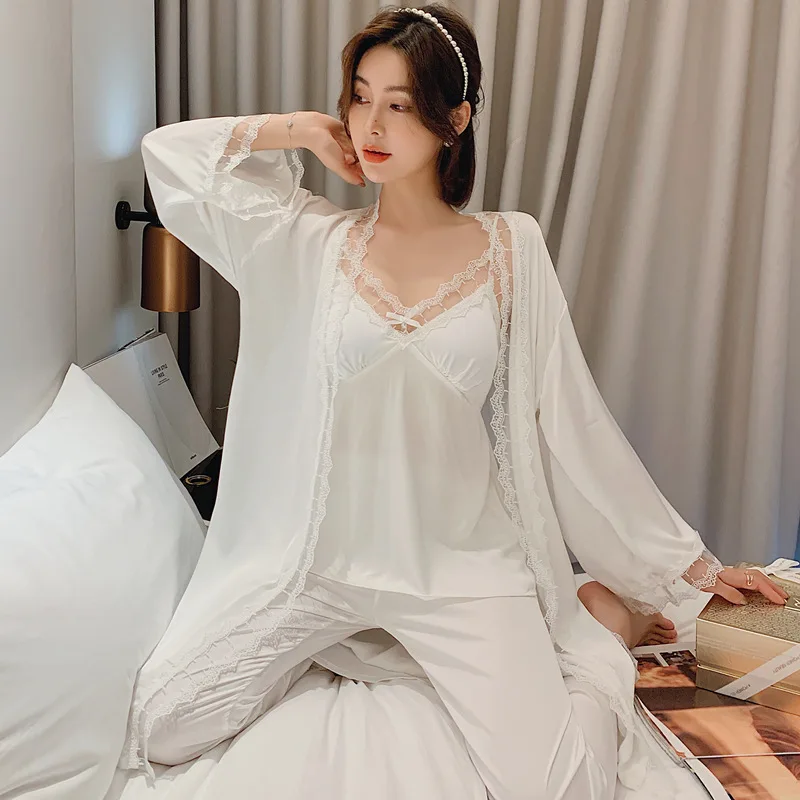 

Women Autumn Satin 3PCS Pajamas Set Nightwear Rayon Sleepwear Kimnon Bathrobe Gown Sexy Home Clothing Long Sleeve Homewear