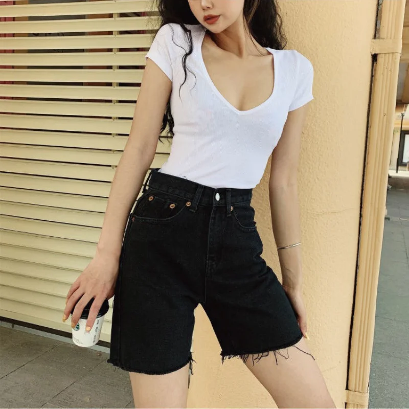

High waist slim denim shorts plus size women's new fashion tight-fitting five-point denim shorts washed sexy female summer
