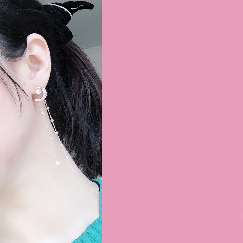 

MENGJIQIAO Korean Fashion Moon Rhienstone Long Tassel Drop Earrings For Women Elegant Crystal Boucle D'oreille Jewelry