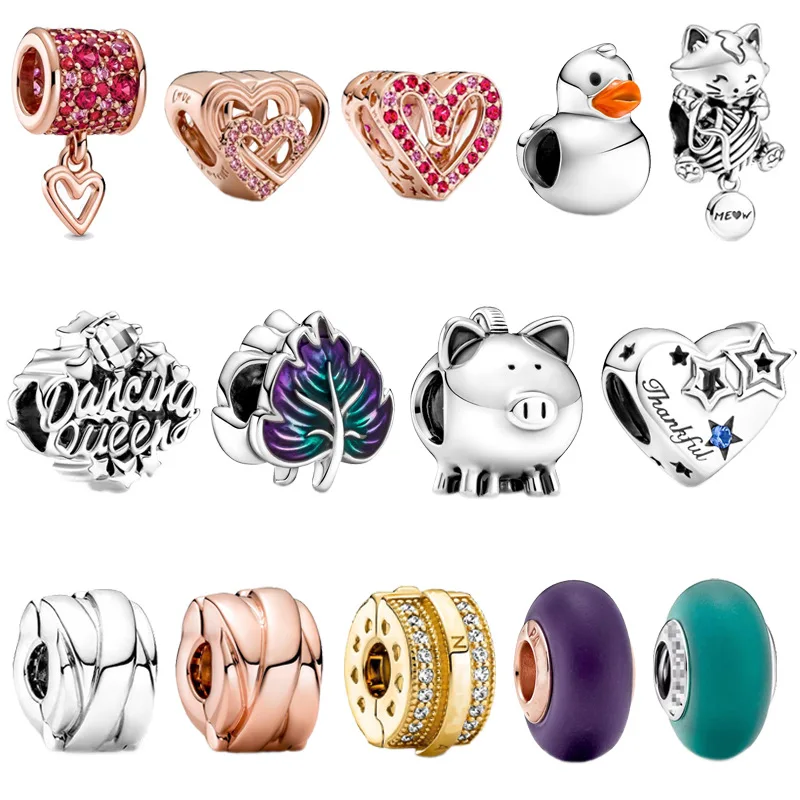 

925 sterling silver 100% authentic Pandora original designer holiday gift piggy kitten glass beads fixed buckle heart-shaped cha