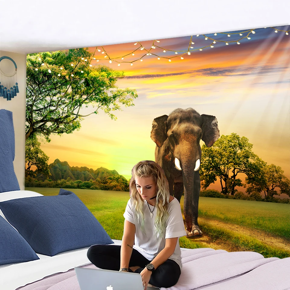 Индийский Слон гобелен настенный закат лес богемный стиль хиппи природа пляжное