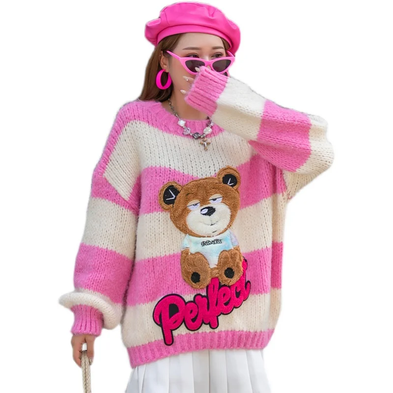 

Japanese sweet pink loose lazy cute sweater women striped tide brand thick wool heavy industry sweater sweater women