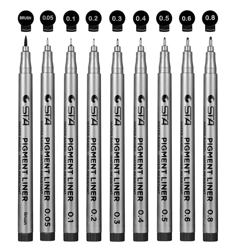 

STA 9Pcs Black Micron Pen Hook Liner Sketch Markers Drawing Waterproof Art Supplies Manga Comic Handwriting Brush Pen